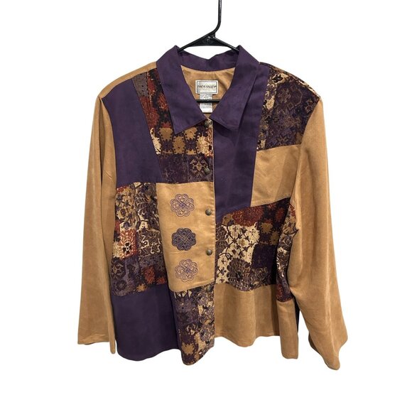 Vintage Napa Valley Patchwork Button Front Jacket Tan Purple Sz 3X Cottagecore - Picture 1 of 9